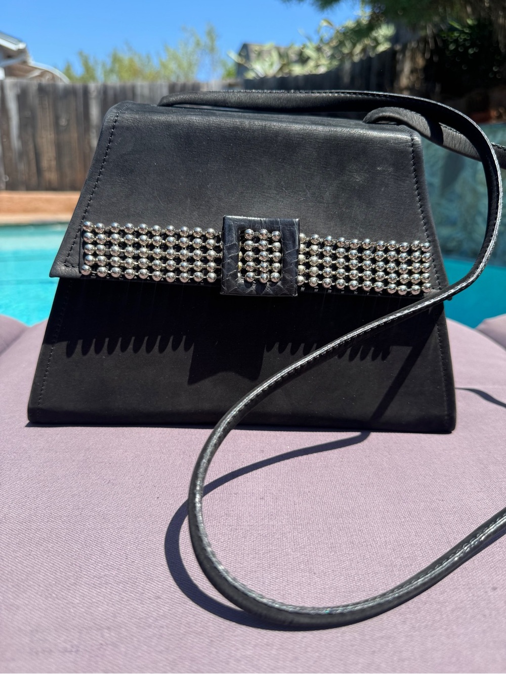Vintage Bally Black Suede Silver Beaded Studded Shoulder Bag Made in Italy GUC